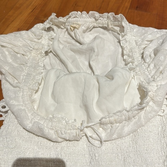 SPELL & the gypsy co white Mini dress Chain Ruched smocked eyelet sleeves - Picture 10 of 16